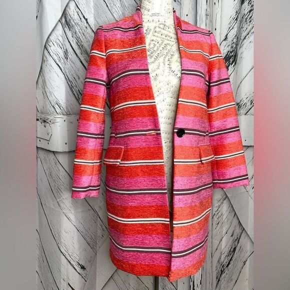 Banana Republic Pink Red Striped One Button Mid-Length Coat Blazer XS - Picture 3 of 11